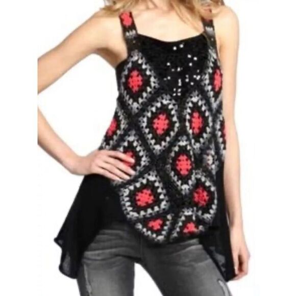 Free People Tops - Free People Love Trapeze Crochet Tee Vee Sequins Embellishment SZ S #2395